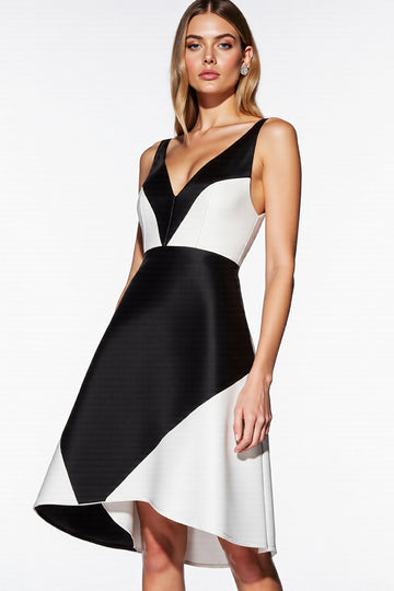 Black and White A Line V Neck Midi Cocktail Dress
